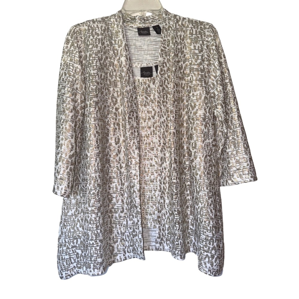 Chicos Travelers Collection Gold White Metallic Animal Print Cardigan Tank Set 1
